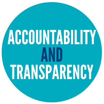 A blue circle with the words "Accountability and Transparency" in white and dark blue capital letters.