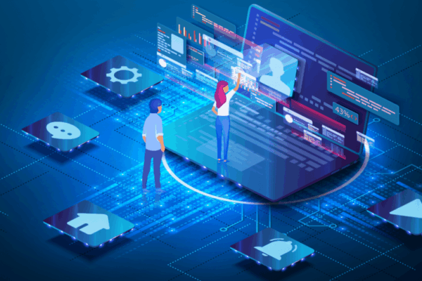 Two people interact with a large digital interface displaying data and user profiles, surrounded by floating app icons on a blue, technology-themed background.