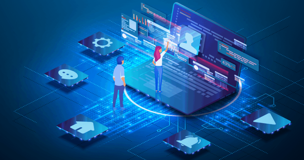 Two people interact with a large digital interface displaying data and user profiles, surrounded by floating app icons on a blue, technology-themed background.