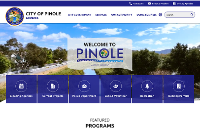 Screenshot of the City of Pinole, California website homepage, featuring navigation links, city logo, and a banner reading 