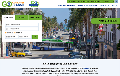 A busy city street with buses, cars, and palm trees is shown on the Gold Coast Transit District website homepage, featuring trip planning and navigation options.