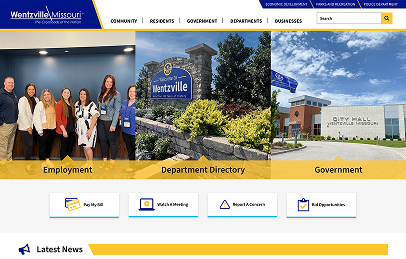 Wentzville, Missouri city website homepage showing links for employment, department directory, government, and quick access to bill pay and news.