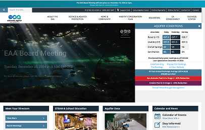 Screenshot of the Edwards Aquifer Authority website homepage, featuring navigation menus, an EAA Board Meeting notice, aquifer conditions, and quick links to resources and calendars.