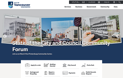 Screenshot of the City of Vancouver, Washington website homepage, featuring a banner about the State of the City and Council Community Forum and various navigation icons.