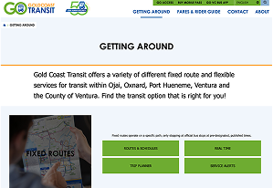 Screenshot of the Gold Coast Transit website’s “Getting Around” page, describing fixed and flexible transit services for Ventura County areas, with navigation and service info buttons visible.