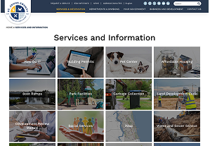 A website page displays a grid of service categories including building permits, pet control, affordable housing, garbage collection, and social services.