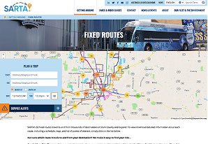 Screenshot of the SARTA website showing a bus, a fixed routes map, a trip planner form, and a service alerts notice.