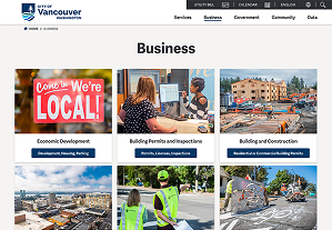 City of Vancouver Business webpage showing sections for Economic Development, Building Permits, Building and Construction, and images of related activities.