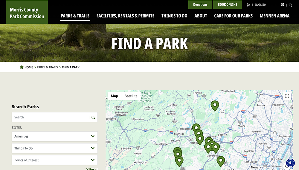 Screenshot of the Morris County Park Commission website’s “Find a Park” page, showing a map with green location markers and a search/filter menu on the left.