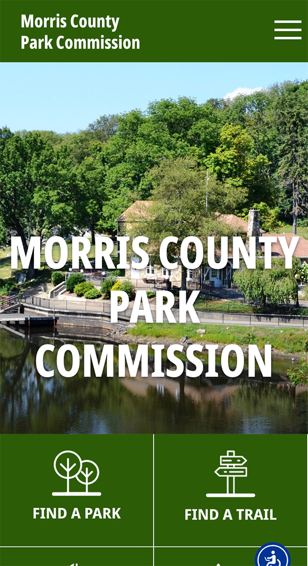 Screenshot of the Morris County Park Commission website homepage, showing a park building by water, with options to find a park or find a trail.