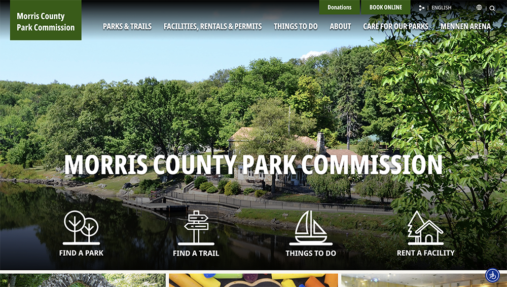 Screenshot of the Morris County Park Commission website homepage, showing a park scene and menu options such as Find a Park, Find a Trail, Things to Do, and Rent a Facility.