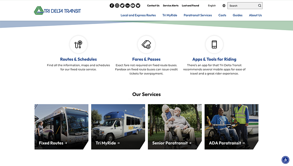 Tri Delta Transit website homepage showing navigation menu, service icons for routes, fares, and apps, and images representing Fixed Routes, Tri MyRide, Senior Paratransit, and ADA Paratransit services.