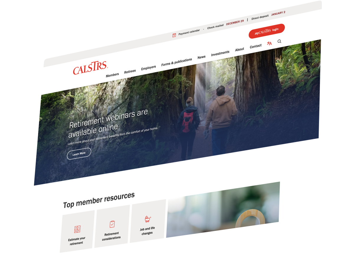 A screenshot of the CalSTRS website homepage showing a banner about online retirement webinars and navigation links for members, retirees, forms, news, and resources.