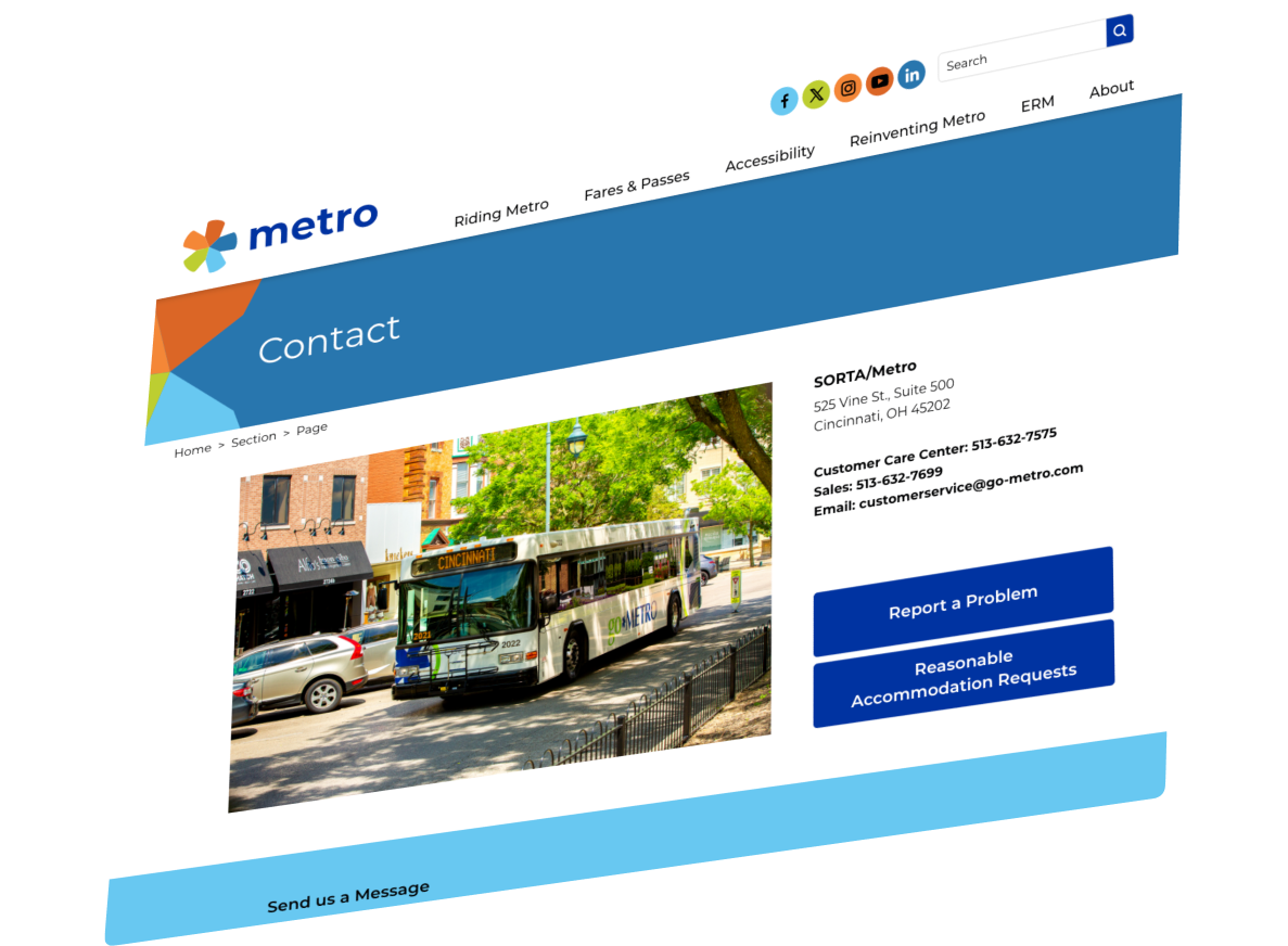A webpage from the Metro transit site shows contact information, a city bus on a street, and buttons for 