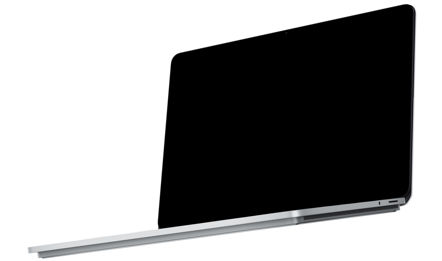A thin, silver laptop is shown partially open against a blank background, highlighting its slim profile and minimalist design.