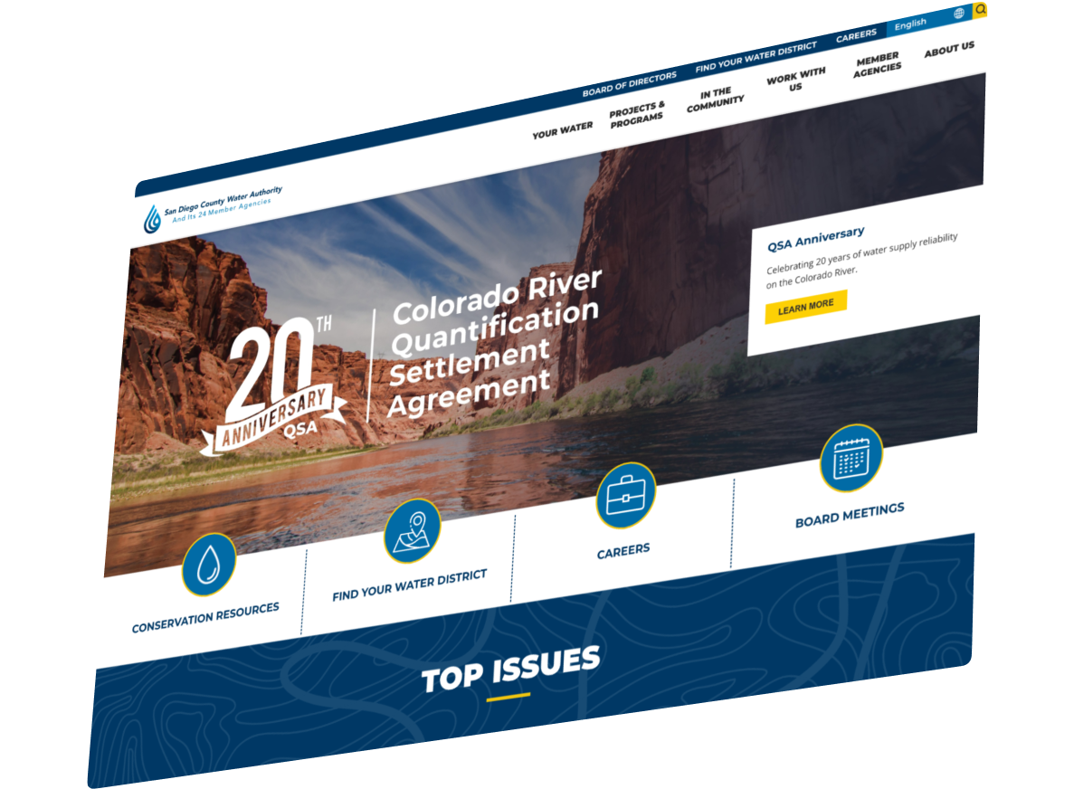 Screenshot of a water authority website featuring the 20th anniversary of the Colorado River Quantification Settlement Agreement, with navigation menus and main sections highlighted.
