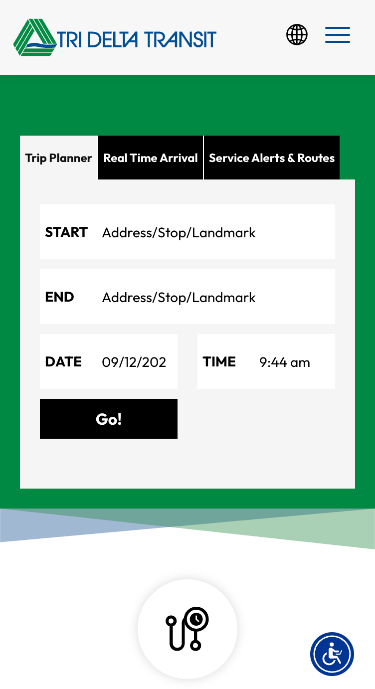 Screenshot of the Tri Delta Transit trip planner showing fields for start, end, date, and time, with a 