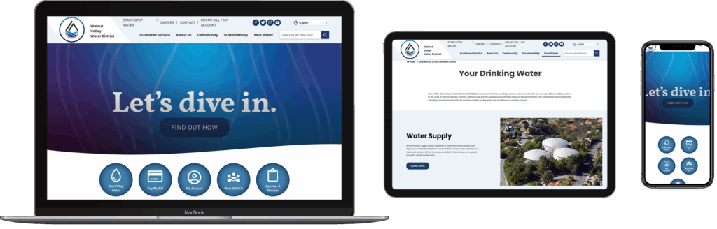 A website for a water division is displayed on a laptop, tablet, and smartphone, showing the homepage with navigation menus and a "Let's dive in" banner.