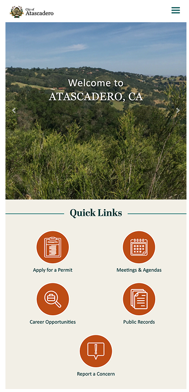 A city website homepage displays a scenic landscape labeled 