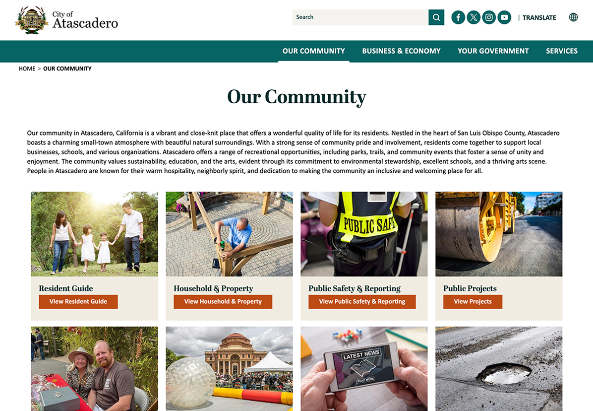 Screenshot of the “Our Community” webpage for the City of Atascadero, showing community information, services, and six image links to guides on residents, property, safety, and public projects.