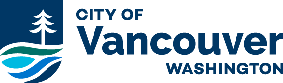Logo for the City of Vancouver, Washington, featuring a stylized tree and river graphic on the left, with the city name in bold blue text on the right.