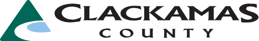 Clackamas County logo featuring a green triangular shape with a blue and white curved element, next to the text 