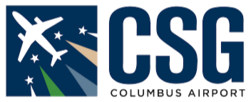 Logo for Columbus Airport (CSG) featuring a stylized airplane, stars, and colored beams on a blue background, with 