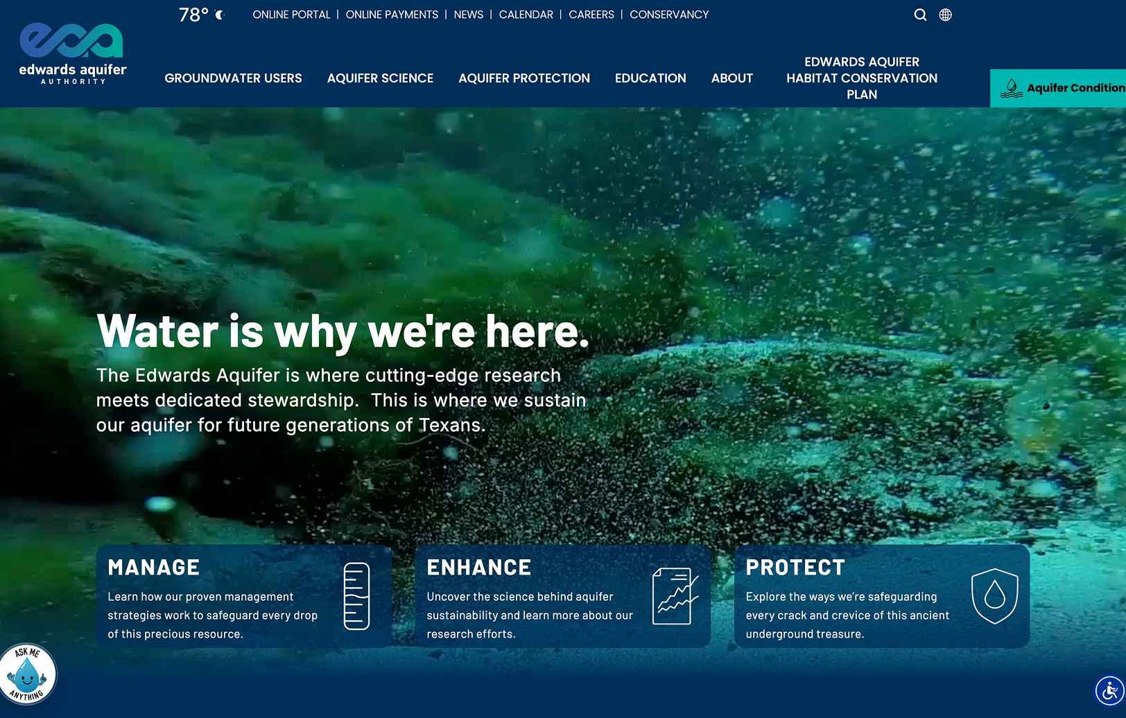 Close-up underwater view of the Edwards Aquifer website homepage, featuring text about water stewardship and navigation links for manage, enhance, and protect initiatives.