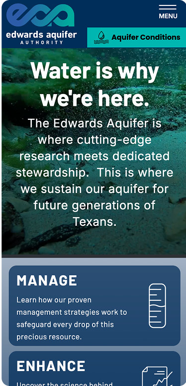 Screenshot of the Edwards Aquifer Authority website highlighting water stewardship, research, and management for sustaining the aquifer for Texans, with sections on management and enhancement strategies.