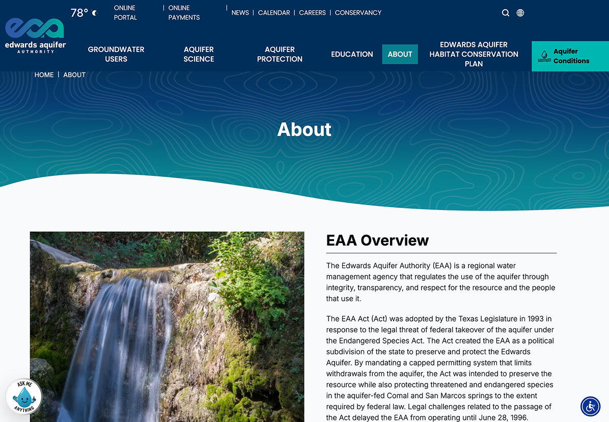 Screenshot of the Edwards Aquifer Authority’s “About” page, featuring a waterfall image, navigation menu, and an overview of the organization’s mission and legislative background.