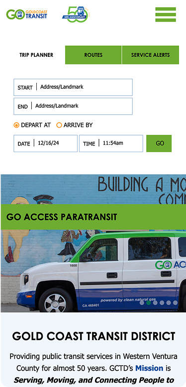 Screenshot of the Gold Coast Transit District website showing a trip planner tool, a paratransit van image, and a brief description of the transit district’s mission.