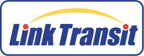 Link Transit logo with blue text, a yellow curved line above, and red dots over the 