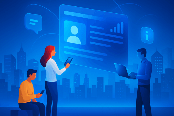 Three people using digital devices with a large virtual profile card floating above them, set against a cityscape background with digital icons.