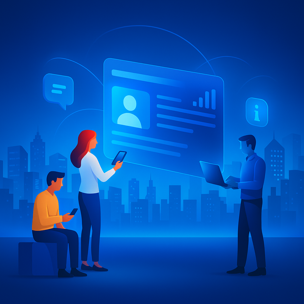 Three people using digital devices with a large virtual profile card floating above them, set against a cityscape background with digital icons.