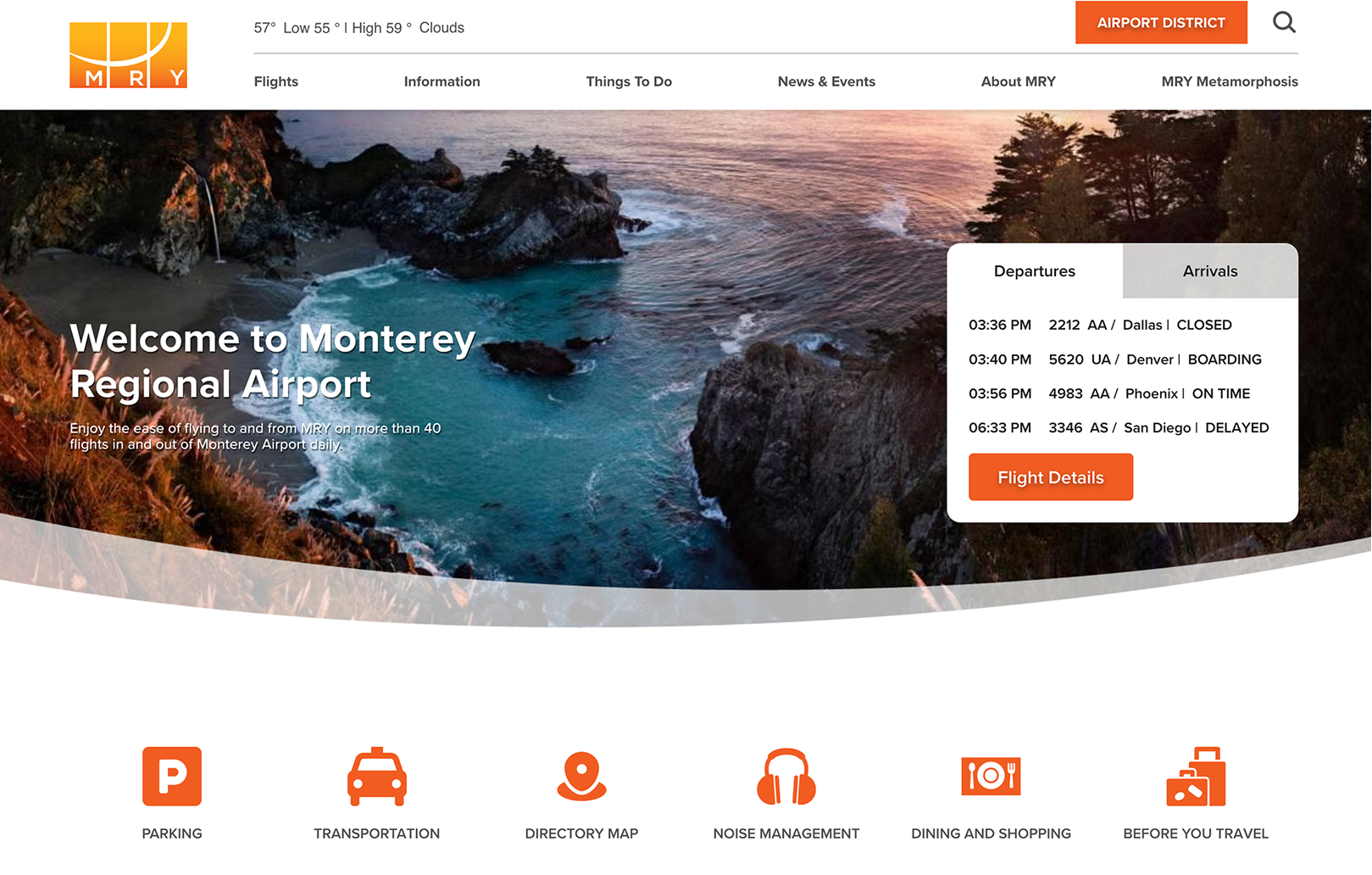 View of Monterey Regional Airport website homepage showing a scenic coastal photo, welcome message, flight status updates, and icons for parking, transportation, and other services.