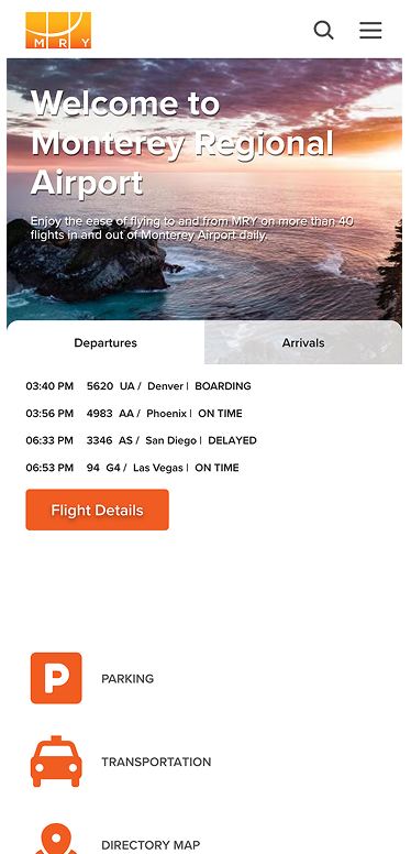 Monterey Regional Airport website shows a sunset view, flight arrivals schedule, and icons for parking, transportation, and directory map.