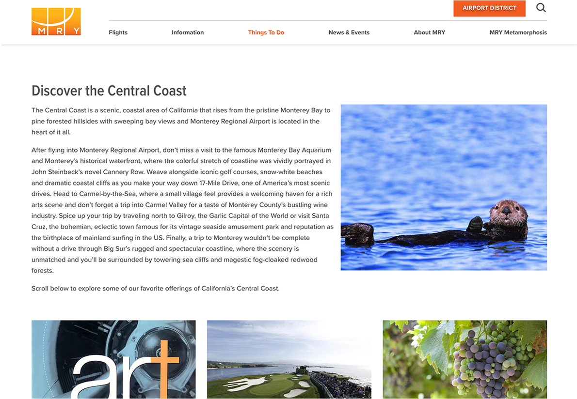Screenshot of a webpage describing California’s Central Coast, featuring text, a sea otter floating in water, grapes on a vine, and an art display.