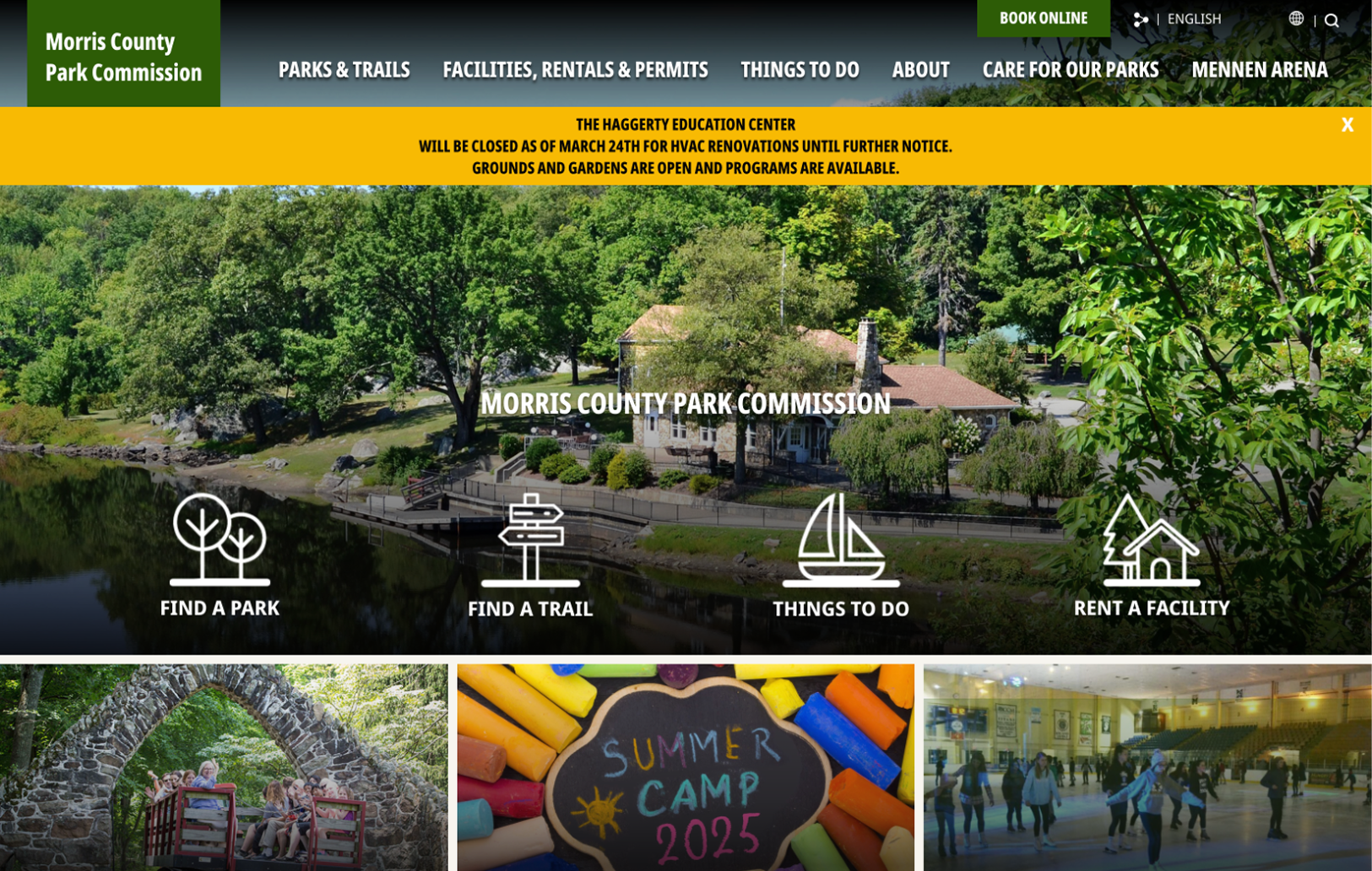 Screenshot of the Morris County Park Commission website homepage showing navigation menus, a park photo, activity icons, and a yellow notice about the Haggerty Education Center closure.