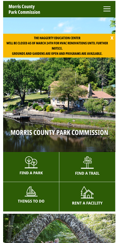 Screenshot of the Morris County Park Commission website showing an alert about the Haggerty Education Center closure, with navigation options for parks, trails, activities, and facility rentals.