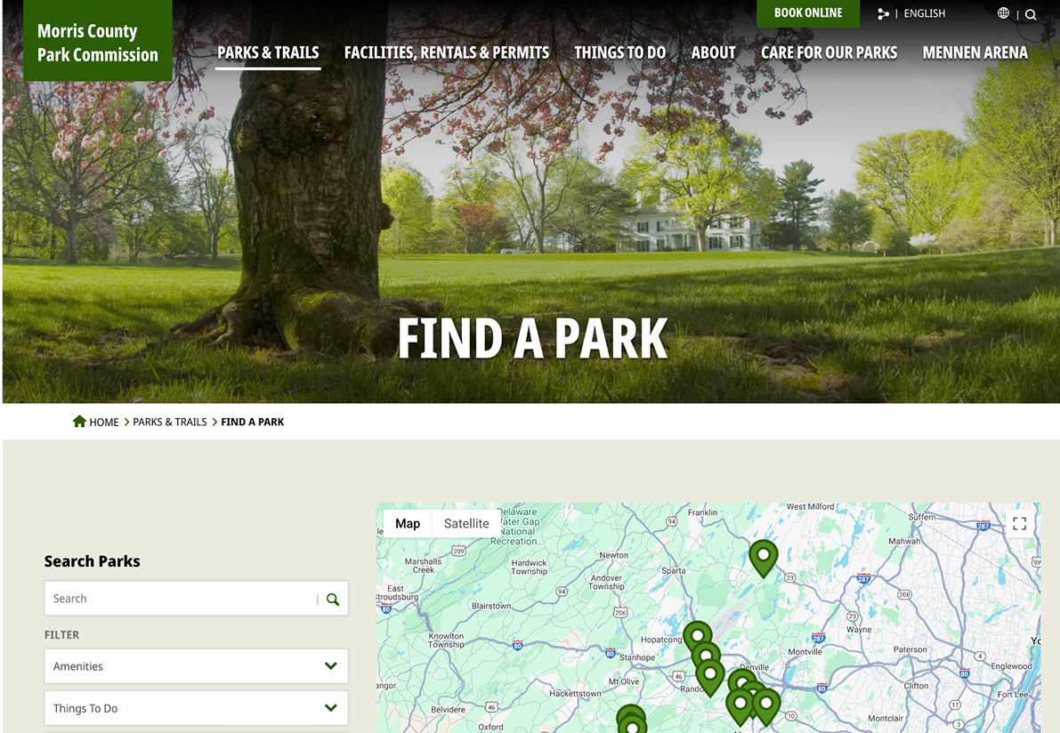 Screenshot of the Morris County Park Commission website's