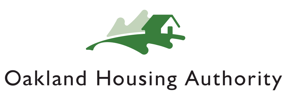Logo of Oakland Housing Authority featuring a green house and hill graphic above the organization's name in black text on a light background.