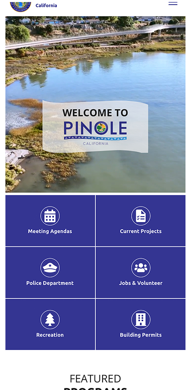Screenshot of the City of Pinole website homepage showing a 