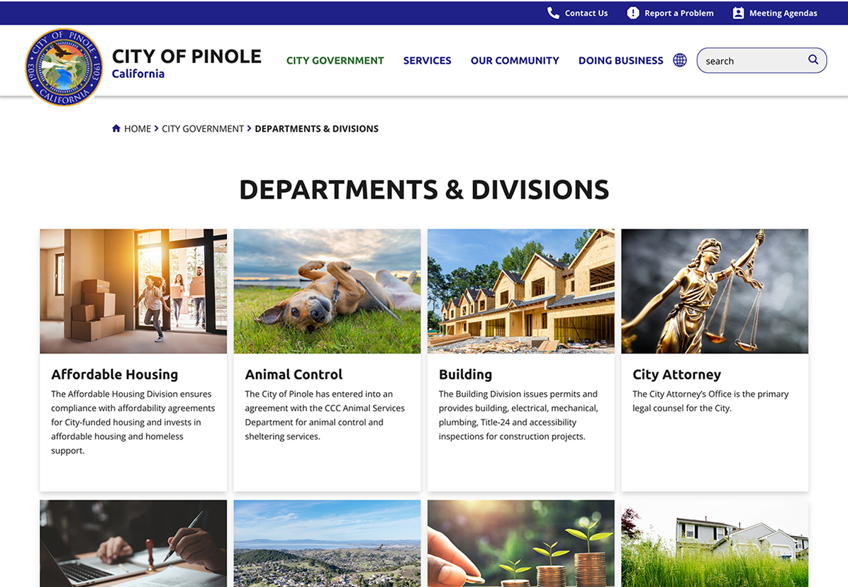 Screenshot of the City of Pinole’s Departments & Divisions webpage, showing sections for Affordable Housing, Animal Control, Building, and City Attorney, each with a relevant photo.