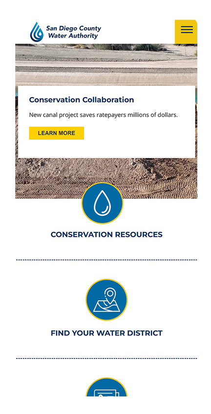 Mobile webpage of San Diego County Water Authority showing savings from a new canal project, with options for conservation resources and finding your water district.