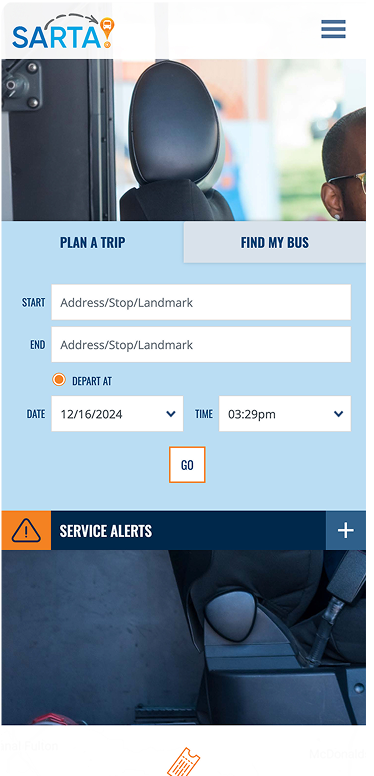 Mobile view of the SARTA transit app showing fields to plan a trip, including start and end addresses, date, and time, with a