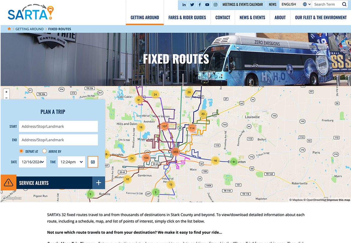 Screenshot of the SARTA website showing a bus route map, a trip planner form, service alerts, and a photo of a SARTA bus at the top.