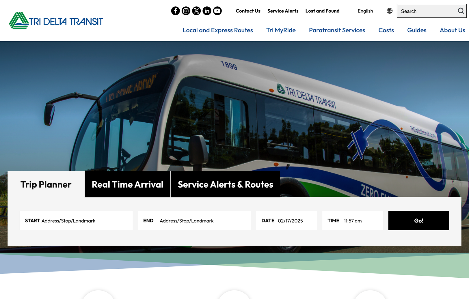 A Tri Delta Transit bus is parked; the website features a trip planner with fields for start, end, date, and time, plus navigation links and service alerts.