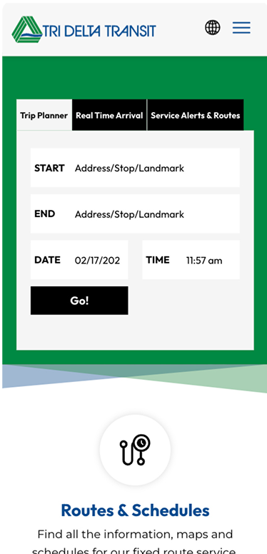 Mobile webpage for Tri Delta Transit showing a trip planner form with fields for start and end addresses, date, time, and a
