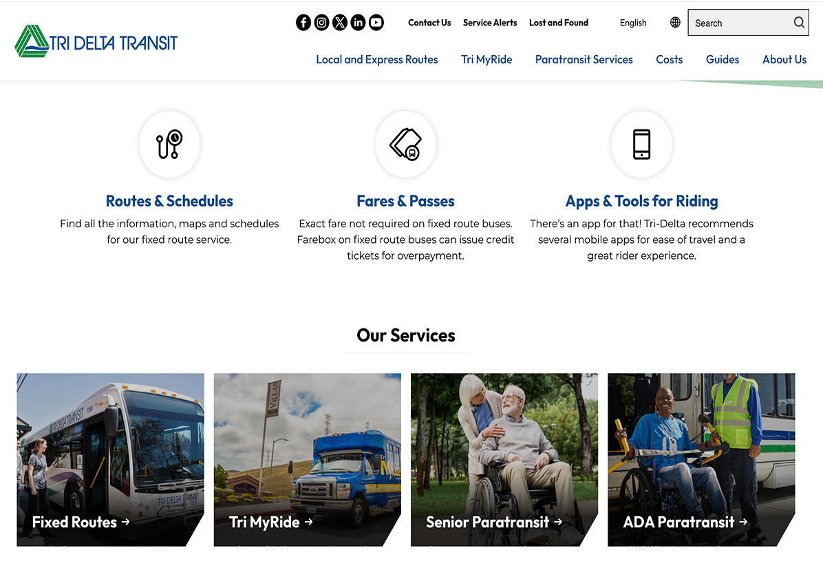 Screenshot of the Tri Delta Transit website homepage displaying service information, including routes, fares, rider tools, and images of various transit services offered.