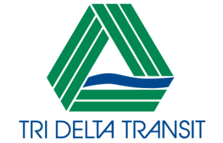Green and blue geometric triangle logo with a wave, above the text “TRI DELTA TRANSIT” in blue capital letters.